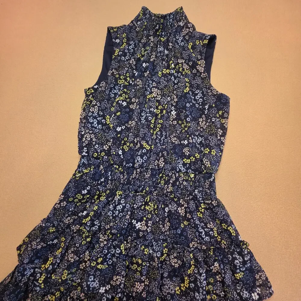 Sam & Jess Blue Floral Smocked-Waist Ruffled Tiered Sleeveless Dress Sz Small